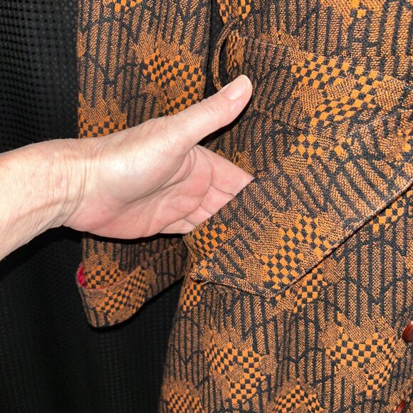 Vintage Mod 60's 70s Vibrant Upholstery Coat Black Orange Pockets Lined Belt EUC - Picture 8 of 11